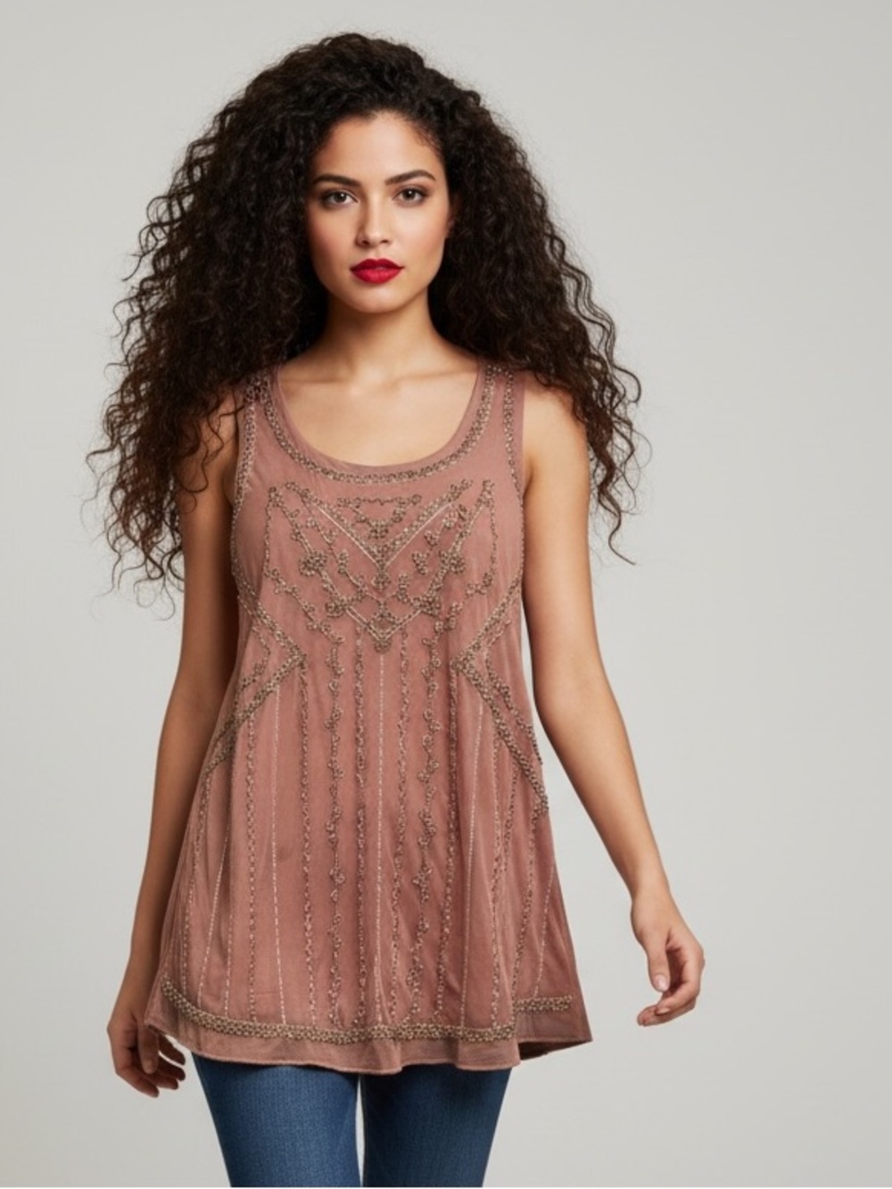 Sloane & Sadie Beaded Mesh Tunic Top – Size M – Dusty Rose